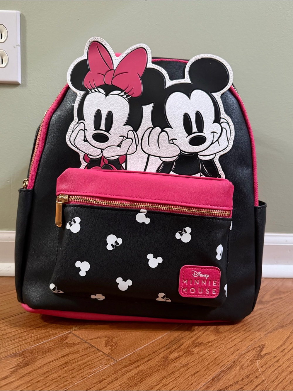 Disney Minnie Mouse Black and Pink Kids Backpack with Gold Zipper